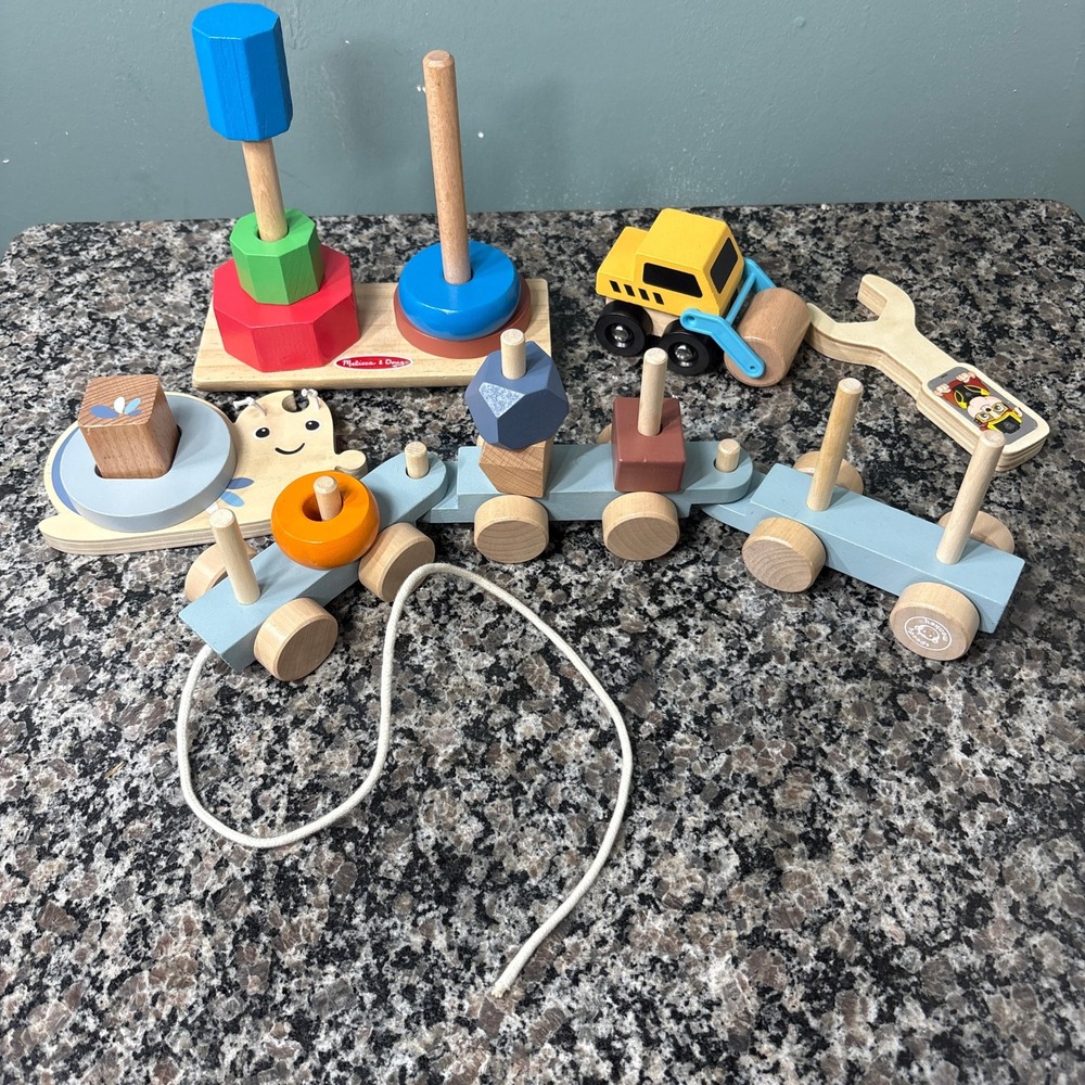 Melissa & Doug Speedy Monkey Wooden Toy Bundle Train Stacker Steamroller Snail